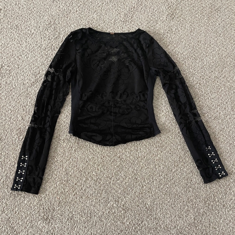 Free People Women's Blouse Top Lace Whimsigoth Witchy Floral Festival XS_S Black